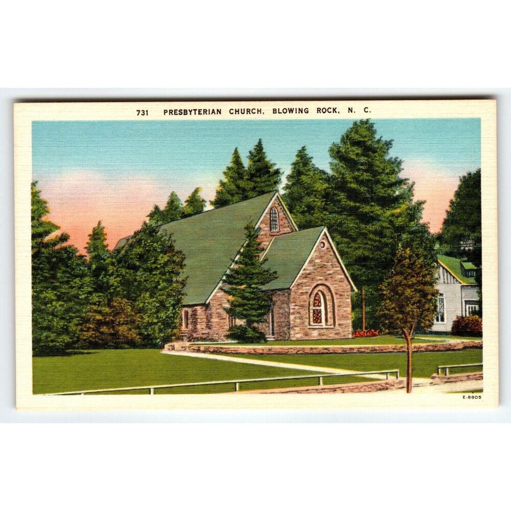 Presbyterian Church Building Blowing Rock North Carolina Linen Postcard Vintage